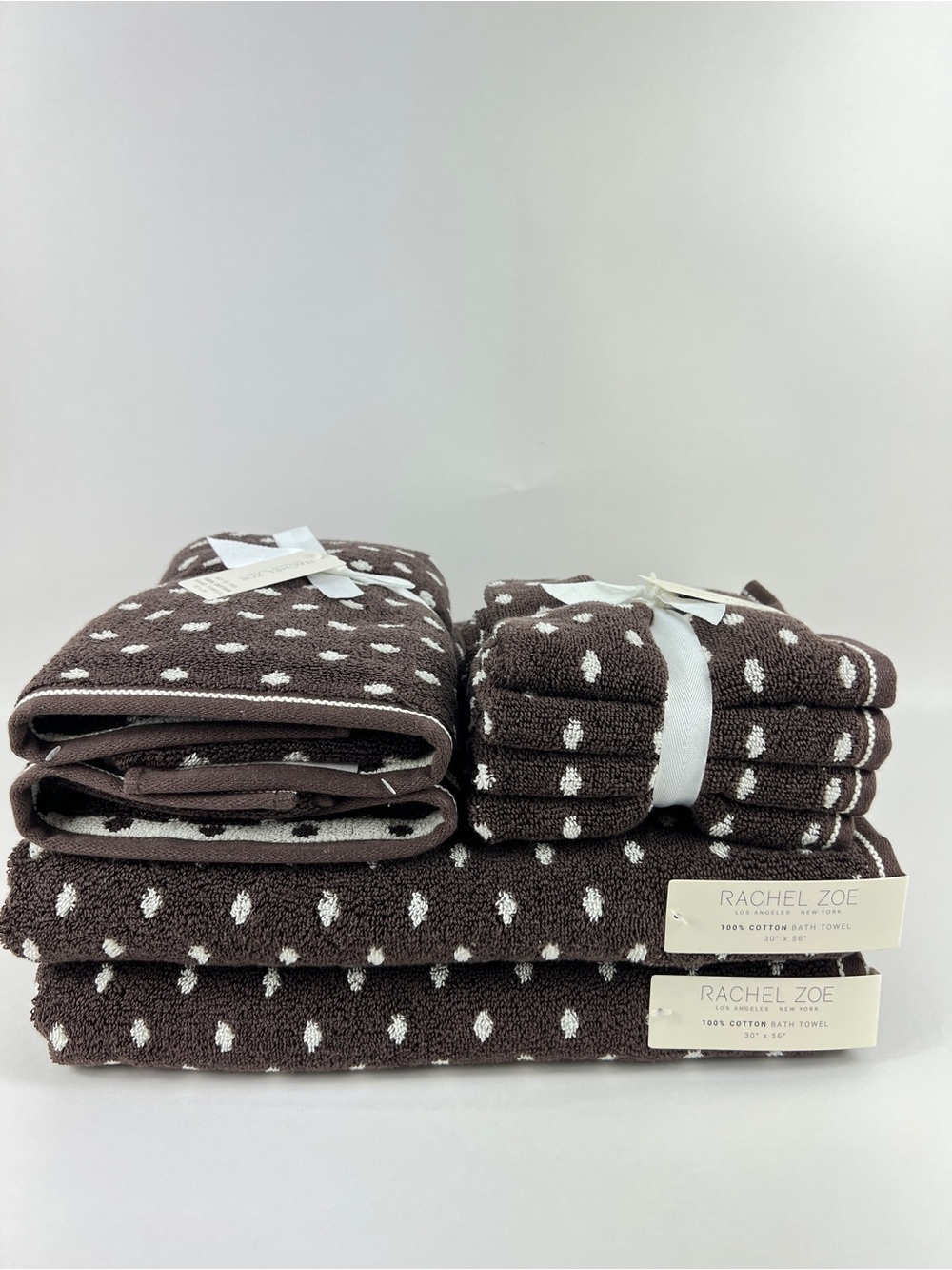 Rachel Zoe Bath Towel Set Brown Off White Polka Dots Soft 100% Cotton 8 Pc NEW